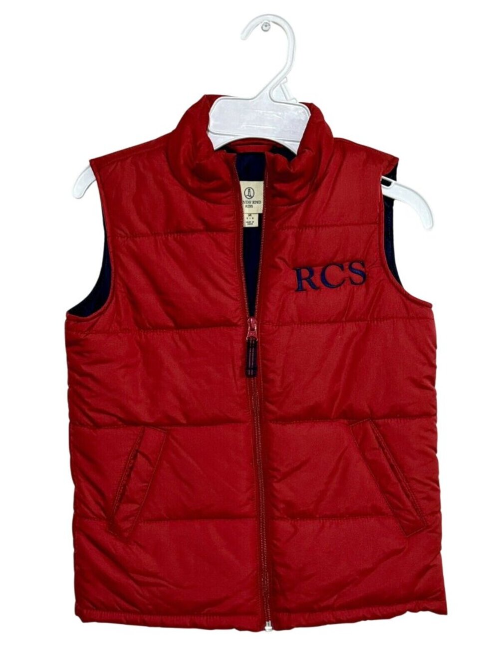 Lands End Kids Red Puffer Vest M 5-6 Embroidered RCS Logo Polyester Sleeveless